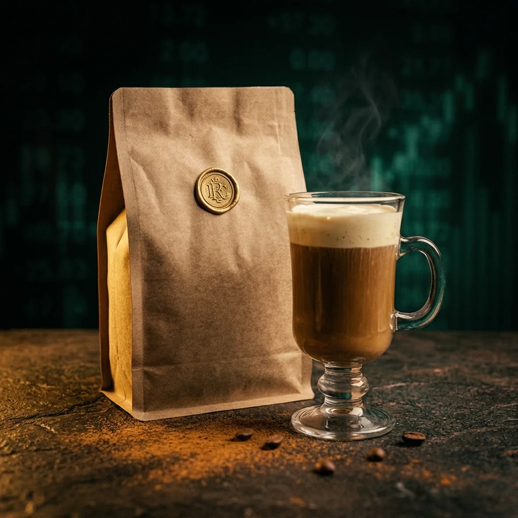 Bolsa de Renko Jamenson junto a una copa de Irish coffee con crema