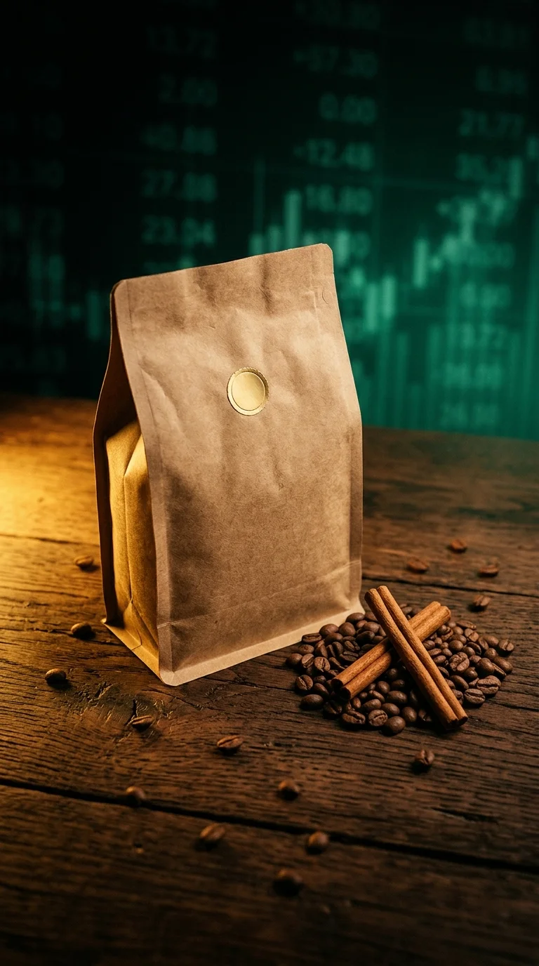 Bolsa de café RENKO junto a granos tostados y canela